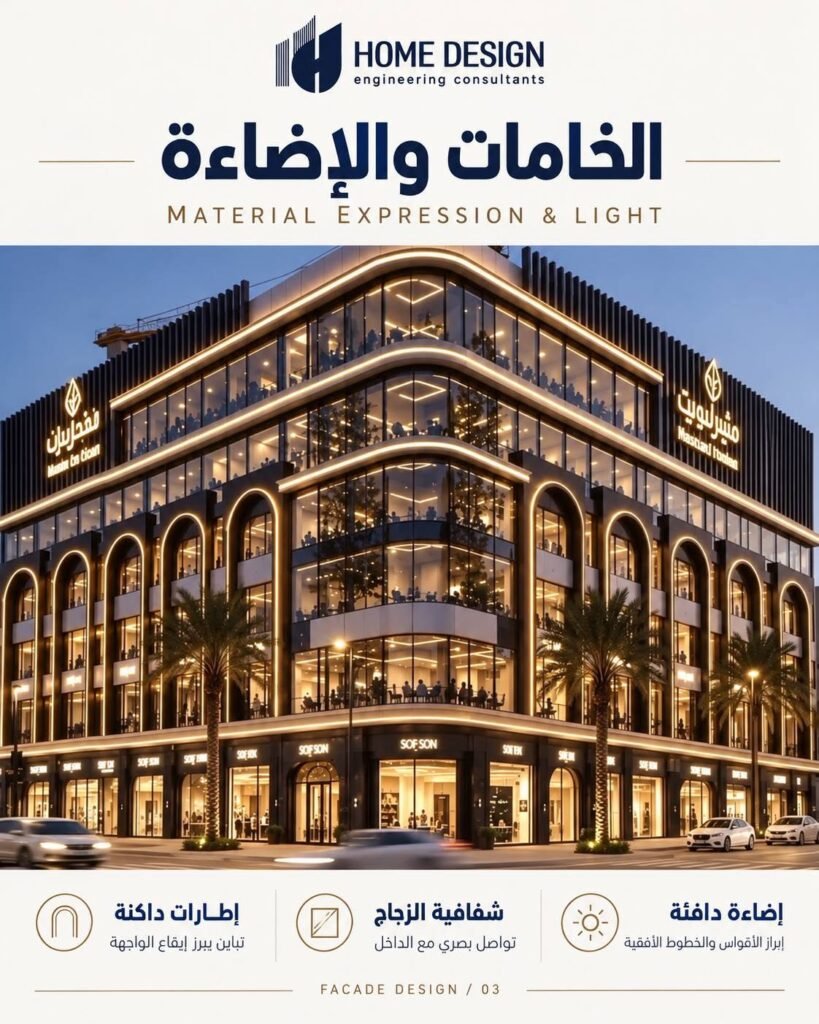دراسة واجهة وخامات وإضاءة من Home Design